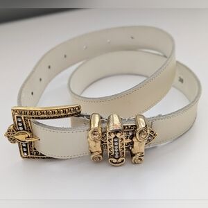 Women's Cream Colored Belt w/Ornate Vintage-Inspired Gold Buckles & Belt Hoops